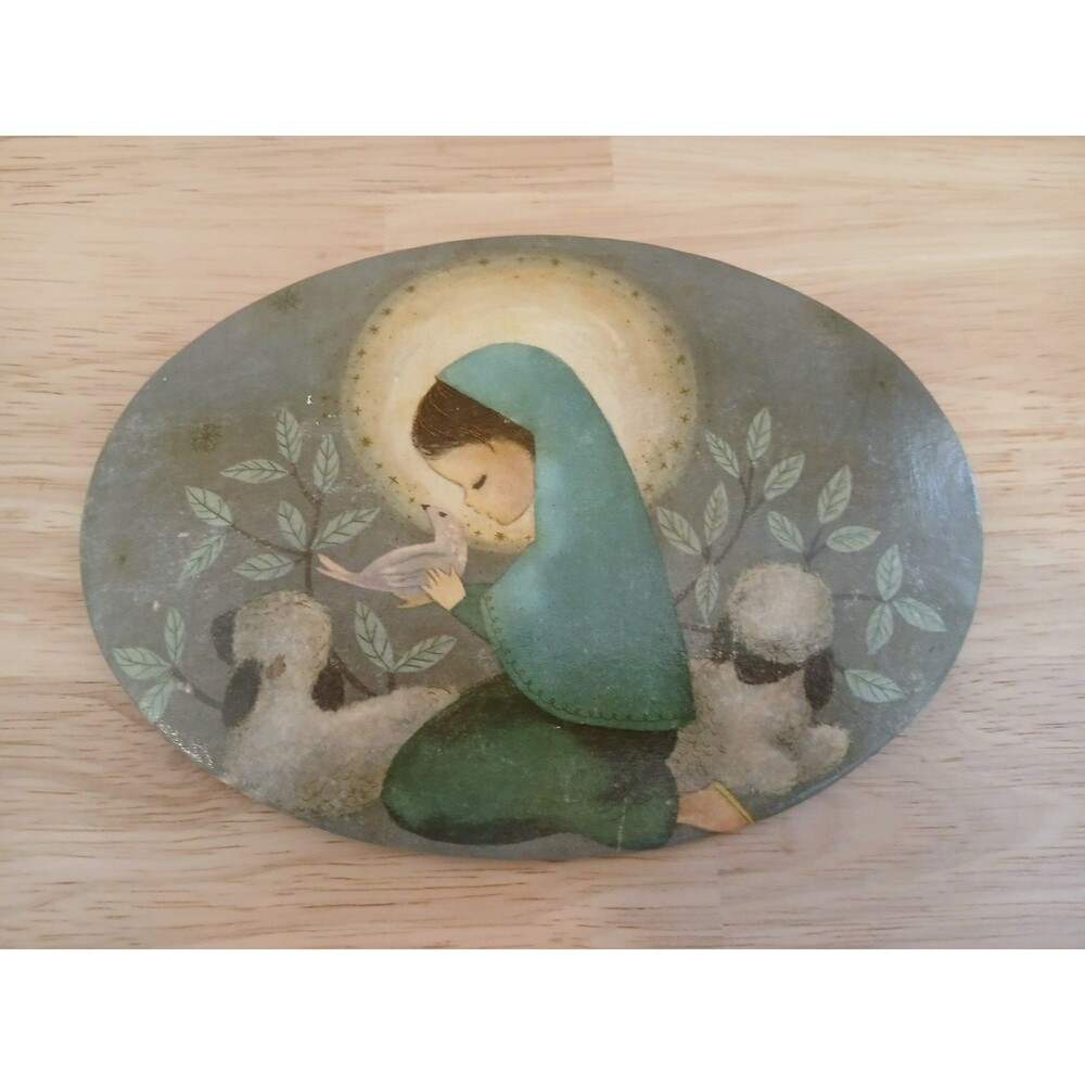 Vintage Painted Oval Plaque Little Girl Holding Bird with Sheep Praying - Picture 5 of 10
